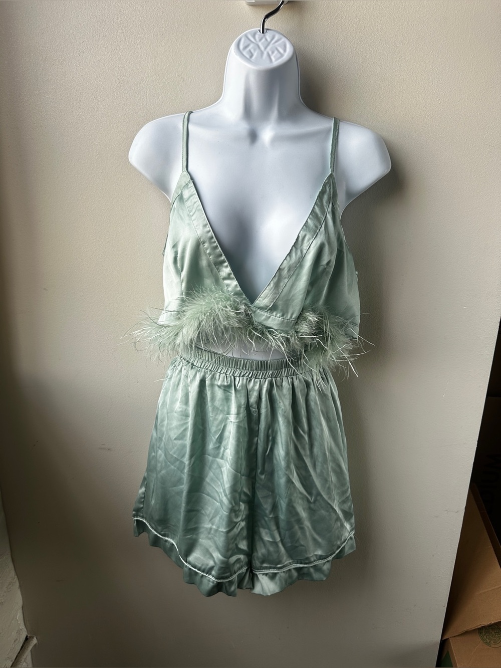 Nastygal Mint Satin Feel Feather Trim 3 Piece Pajama Set Cami Shorts Button